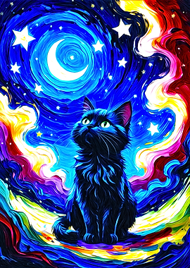 Black Cat Stargazing Colorful Night Sky