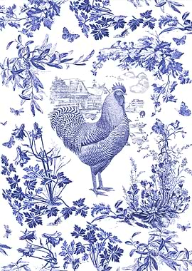 Vintage Blue White Rooster and Flowers