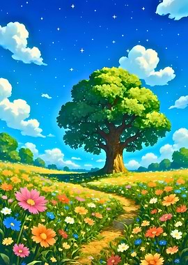 Cartoon Landscape with Tree and Flowers