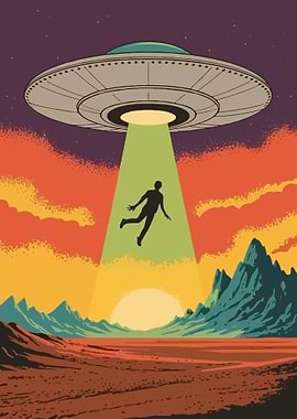 Retro Alien Abduction Landscape Illustration