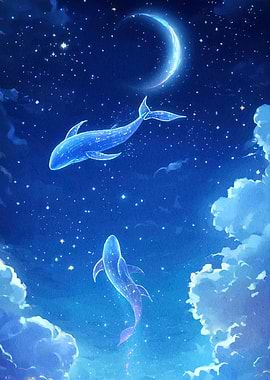 Whales starry night sky