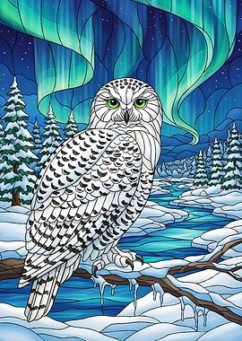 Snowy Owl Under Aurora Borealis
