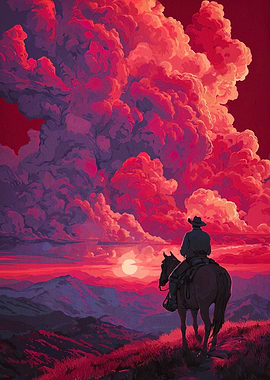 Cowboy on Horseback at Sunset