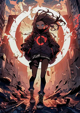 Anime Girl in Post-Apocalyptic Cityscape
