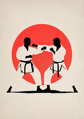 Karate Fighters Silhouette with Red Sun