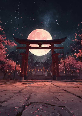 Japanese Torii Gate with Full Moon