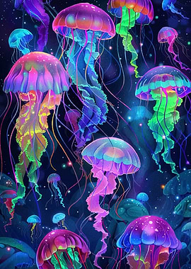Colorful Jellyfish Dark Ocean