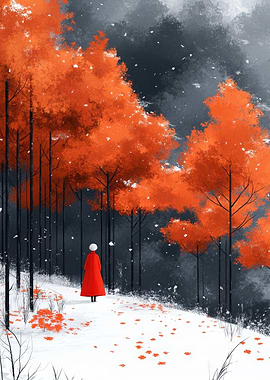 Red Cloak in Autumnal Snowy Forest