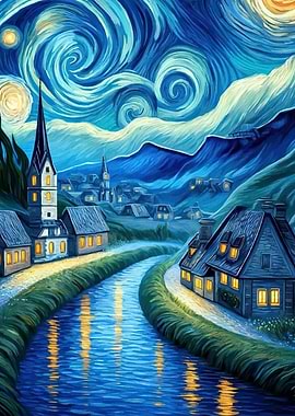 Starry Night Village Landscape