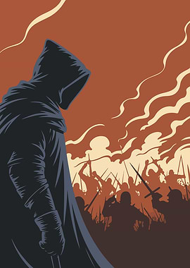 Hooded Figure Amidst Battle Scene