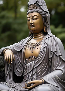 Statue of a Serene Bodhisattva Kannon in Meditative Pose Outdoors