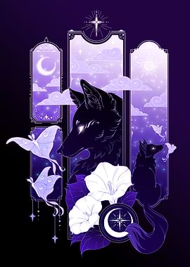 Wolf, Moon, and Moth Illustration