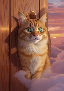 Orange Cat Peeking Through Wooden Door