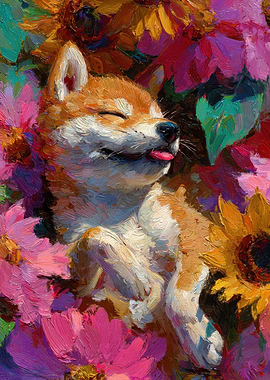 Shiba Inu in Flowers Painting