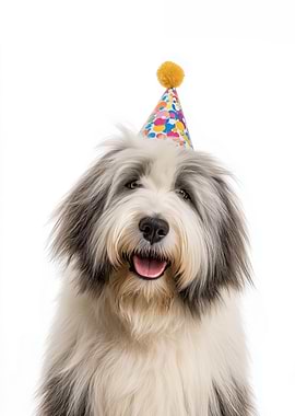 Polish Lowland Sheepdog with Party Hat