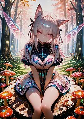 Anime Fairy Girl in Mushroom Forest