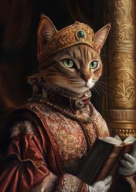 Regal Cat Reading a Book | Vintage Royal Feline Wall Print