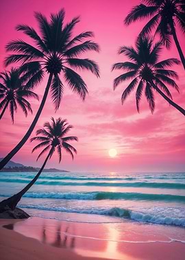 Pink Sunset Beach with Palm Trees