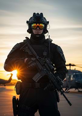 Soldier with rifle at sunset