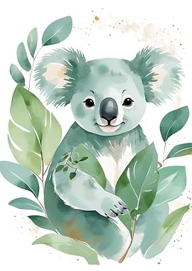 Watercolor Koala with Green Leaves