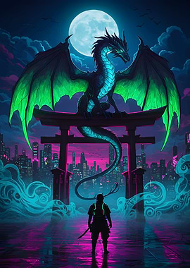 Cyberpunk Dragon and Samurai