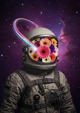 Astronaut Helmet Filled with Flowers in Space