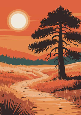 Sunset Landscape with Tree and Path