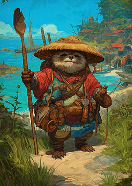 Anthropomorphic Otter Traveler by the Sea