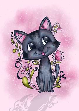 Cute Cartoon Cat with Floral Accents