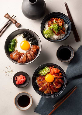 Japanese Donburi Bowls with Egg and Meat