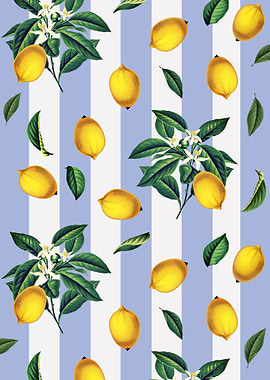 Lemon and Blossom Blue White Striped Pattern