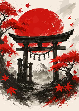 Japanese Torii Gate with Mount Fuji