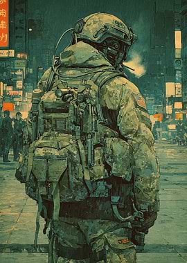 Cyberpunk Soldier in Rainy Cityscape