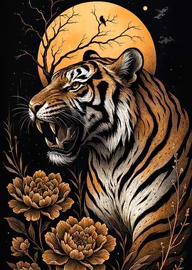 Tiger Roar with Floral and Moon