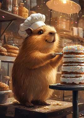 Animal Capybara Chef Decorating Cake cat