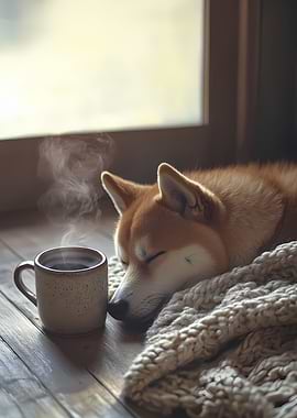 Cozy Shiba Inu with Coffee