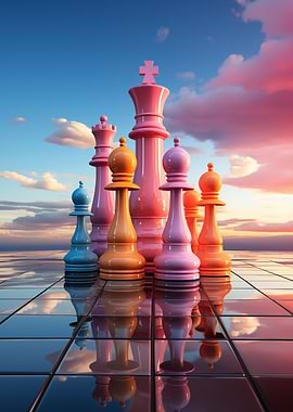 Colorful Chess Pieces on Reflective Surface
