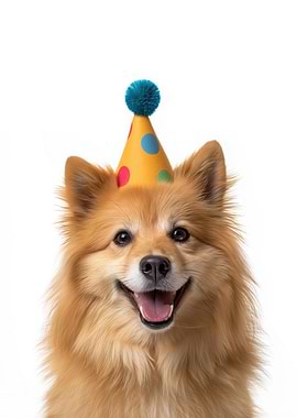 Finnish Spitz Dog with Party Hat