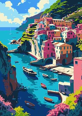 Colorful Coastal Village Illustration