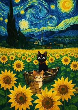 Cats Sunflower Starry Night