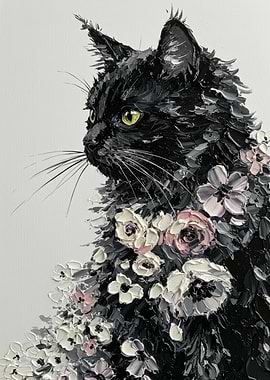 Black Cat with Flowers Painting