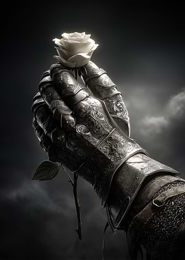 Knight's Gauntlet Holding a White Rose