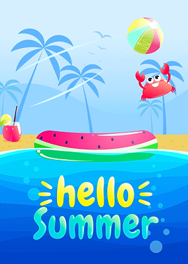 Hello Summer Beach Cartoon Illustration