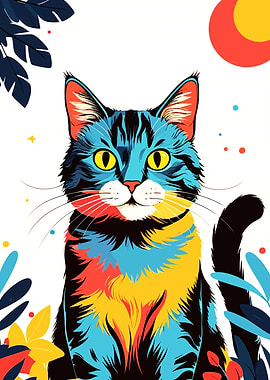 Colorful Cat Portrait with Floral Accents