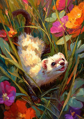 Ferret in Flowers Painting