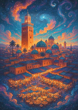 Marrakech cityscape at night, the city that never sleeps: Jemma el-Fena under the stars. vibrant colors