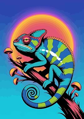 Colorful Chameleon on Branch with Mushrooms
