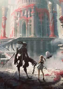 Fantasy Ruins with Girl and Creature