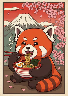 Red Panda Eating Ramen with Chopsticks