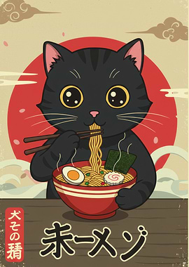 Cat eating ramen Japanese style art